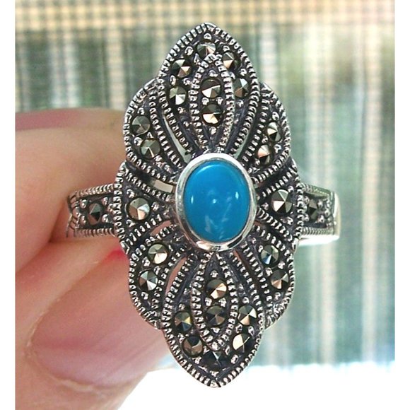 925 STERLING SILVER Simulated Turquoise Marcasite Ring - Picture 1 of 15